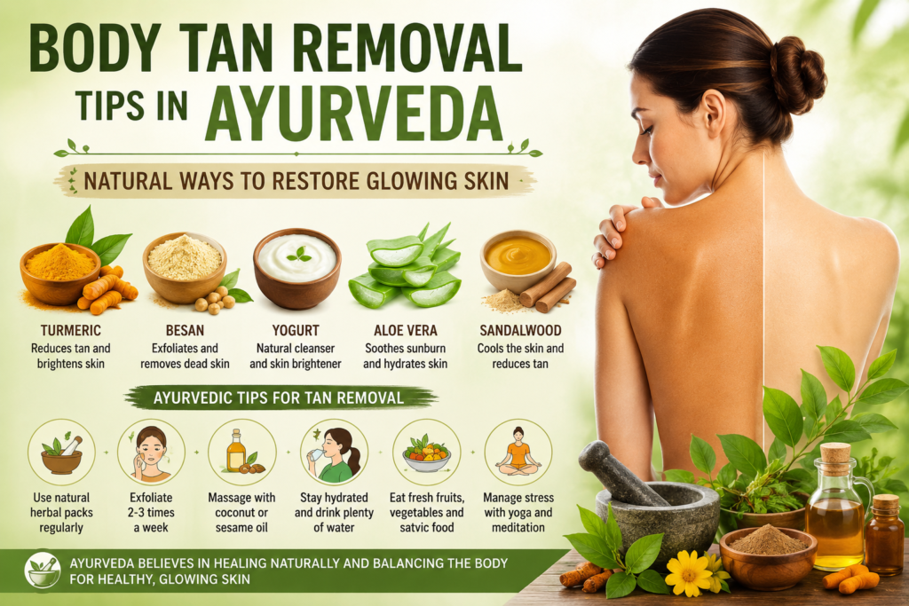 "Body tan removal tips in Ayurveda featuring natural ingredients like turmeric, besan, yogurt, aloe vera, and sandalwood for healthy, glowing skin."