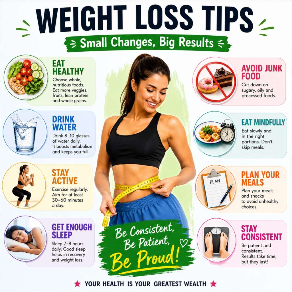 Colorful weight loss tips infographic featuring a smiling woman in black workout clothing measuring her waist with a yellow tape measure. The poster highlights healthy habits with illustrated icons and text, including eating healthy foods, drinking water, staying active, getting enough sleep, eating mindfully, staying consistent, and tracking progress. A large motivational message reads, “Be Patient, Be Consistent, Be Proud!” A decorative tag at the bottom says, “A Healthy You, A Happier You!” The design uses green, blue, orange, and purple accents on a clean white background with wellness-themed graphics and leaves.