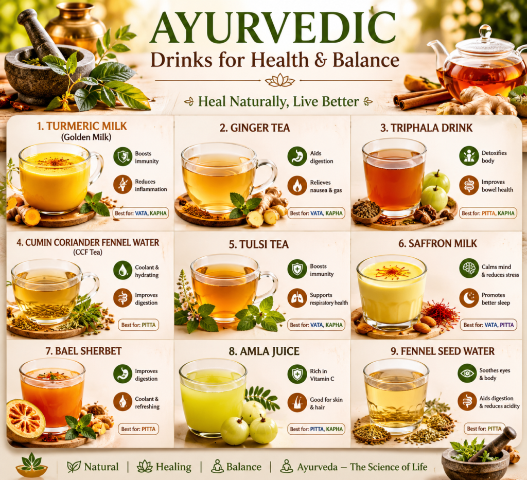 Infographic titled “Ayurvedic Drinks – Natural Drinks for Everyday Wellness” on a light beige background with green botanical decorations. The poster displays ten Ayurvedic beverages arranged in two rows with images and brief health benefits: