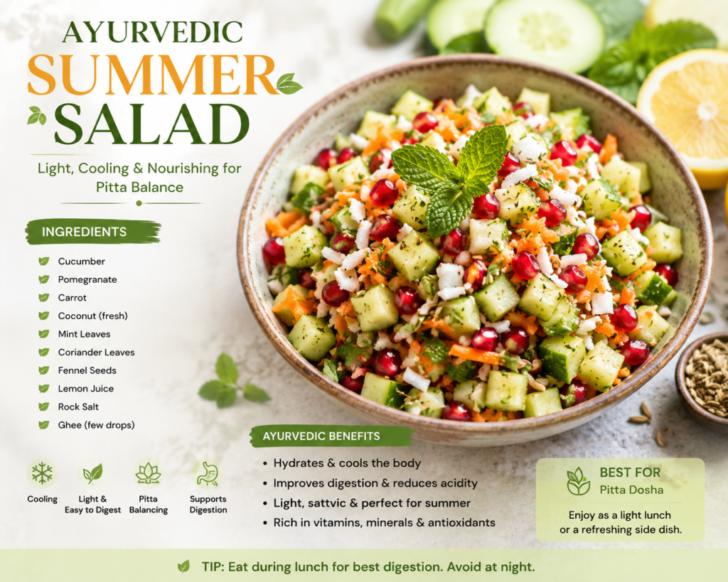 Ayurvedic summer salad recipe for Pitta balance with cucumber, pomegranate, carrot, coconut, mint, and fennel seeds.