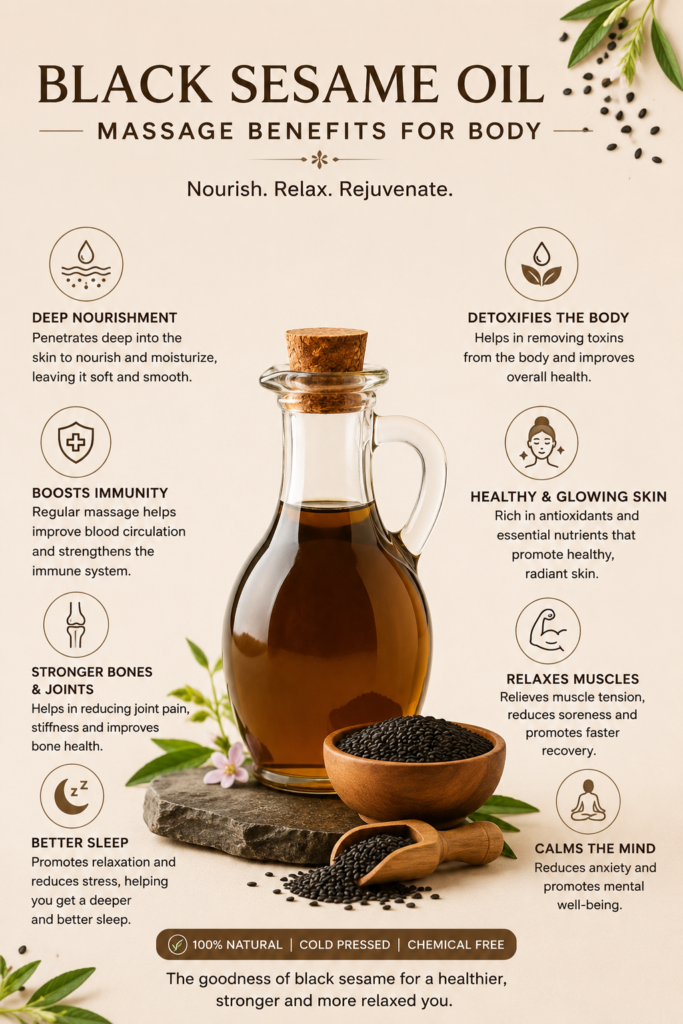 "Infographic poster about the benefits of black sesame oil body massage. A glass bottle of black sesame oil and a bowl of black sesame seeds are displayed in the center, surrounded by icons and text highlighting benefits such as deep nourishment, detoxification, stronger bones and joints, healthy glowing skin, muscle relaxation, better sleep, boosted immunity, and a calm mind. The design features a natural beige background with green leaves and a clean wellness-inspired layout."
