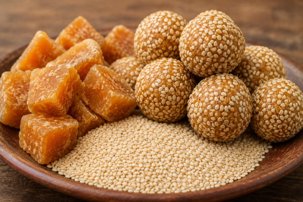 "Sesame seeds and jaggery ladoos with jaggery cubes and white sesame seeds, highlighting a traditional healthy snack rich in calcium, iron, fiber, and natural energy."