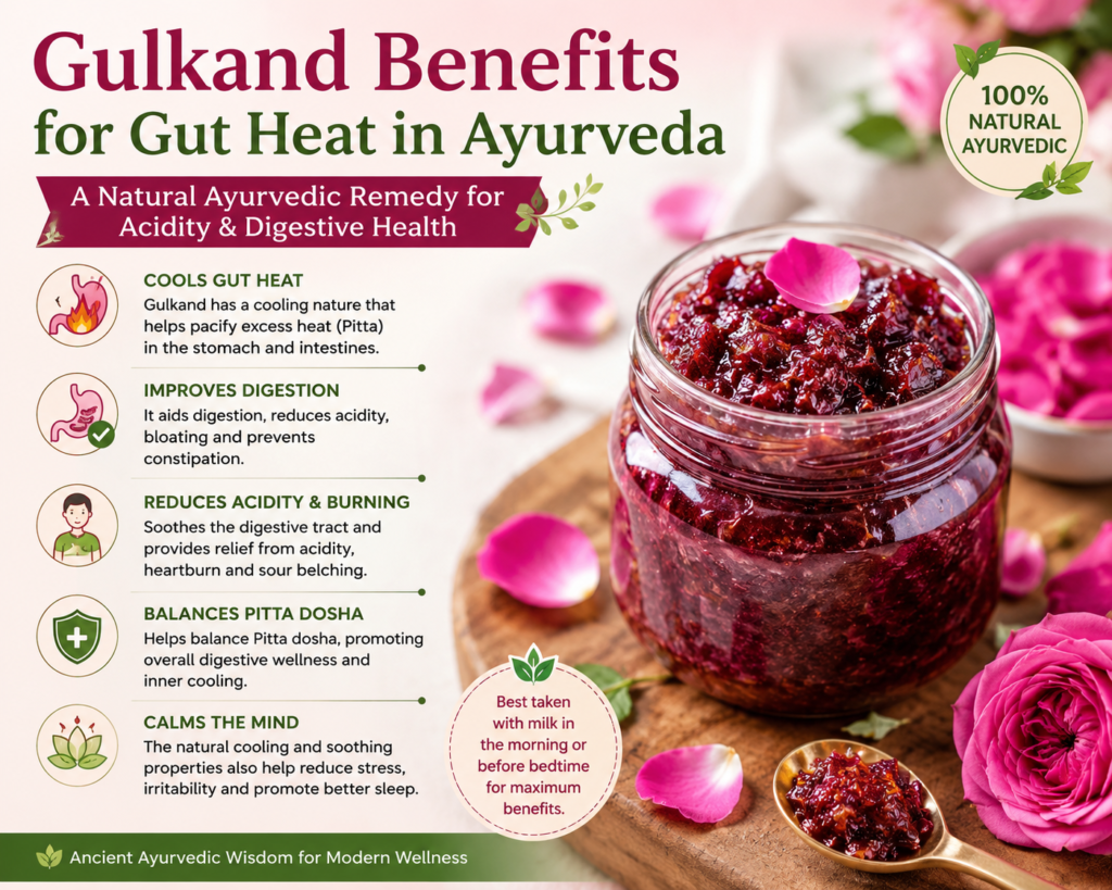 Gulkand benefits for gut heat, digestion, acidity relief, and Pitta balance in Ayurveda.