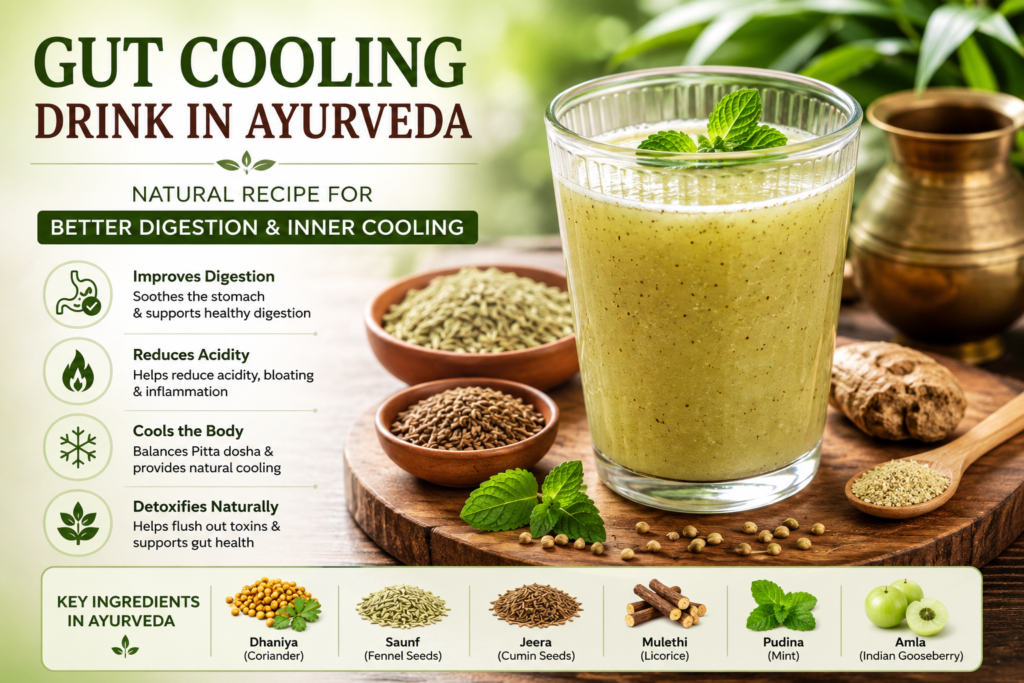 Ayurvedic gut cooling drink made with coriander, fennel, cumin, mint, licorice, and amla, promoting better digestion, acidity relief, natural detoxification, and body cooling.