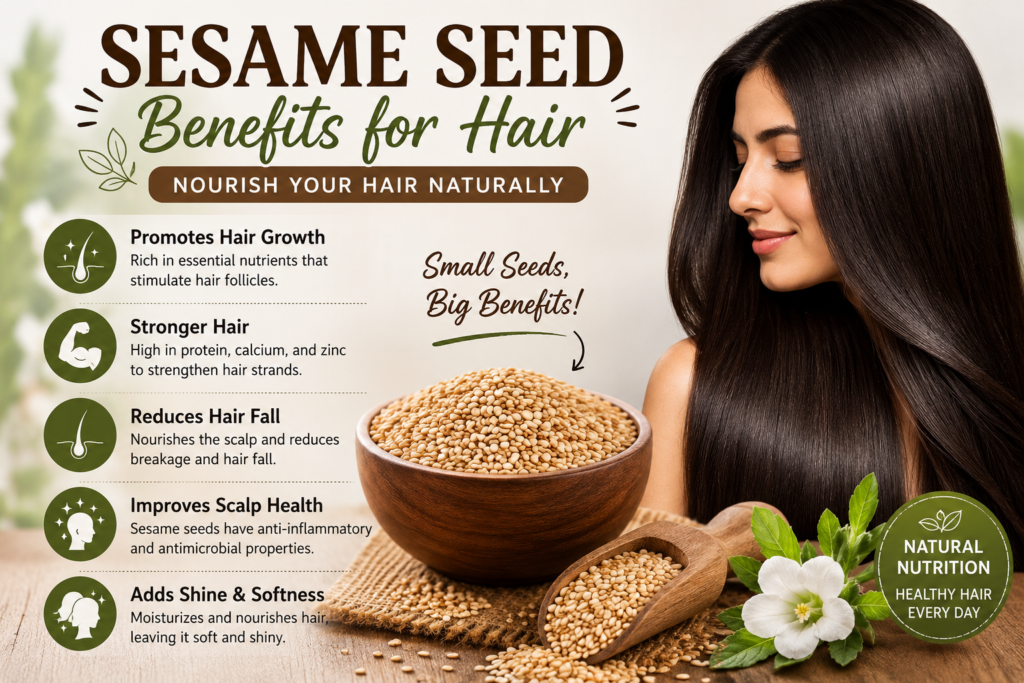Infographic highlighting sesame seed benefits for hair, featuring a woman with long, shiny hair beside a bowl of sesame seeds. The image lists key benefits including promoting hair growth, strengthening hair, reducing hair fall, improving scalp health, and enhancing shine and softness through natural nutrition.