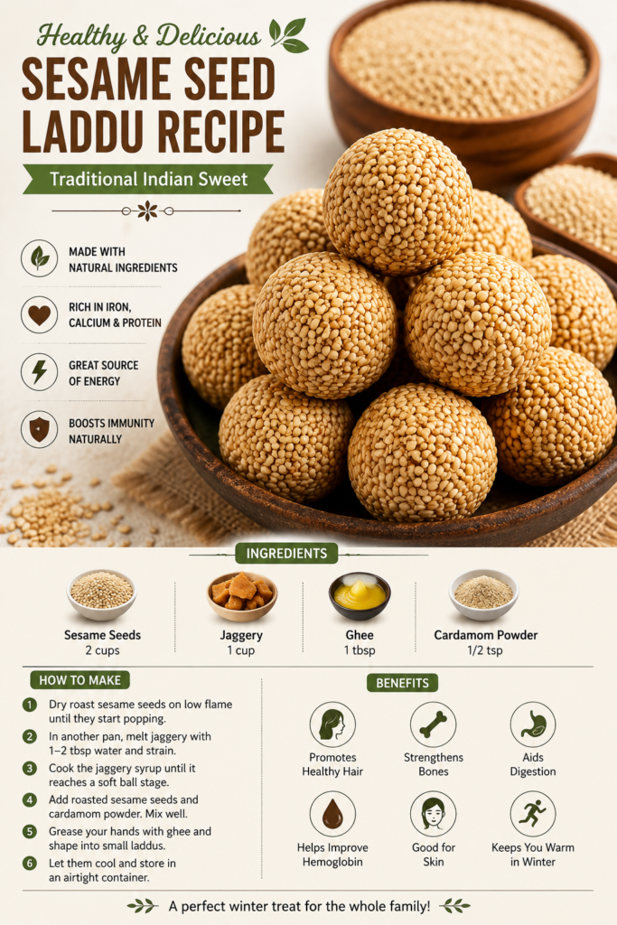 Infographic showing a sesame seed laddu recipe with a bowl of golden sesame laddus, sesame seeds, jaggery, ghee, and cardamom powder. The image includes ingredients, step-by-step preparation instructions, and health benefits such as energy support, improved digestion, stronger bones, healthy hair, and enhanced immunity. Perfect as a traditional Indian winter sweet.